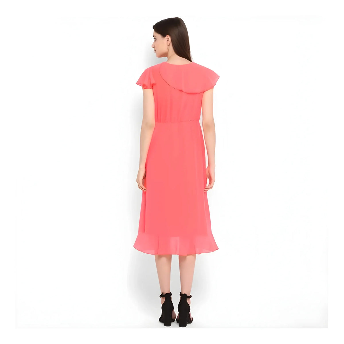 Women's Polyester Ruffled Cap Sleeve Below Knee Dress (coral Pink) | Women Signature Collection