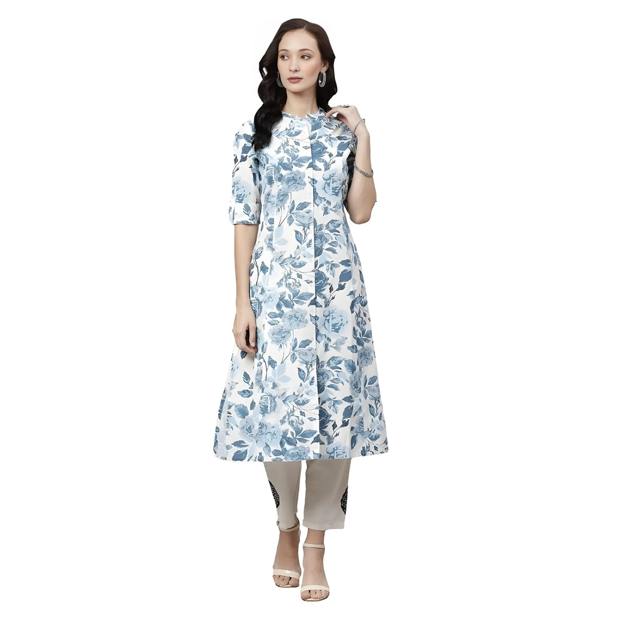Women's Cotton Printed Floral Print Kurti (white, Blue, Cotton) | Women Signature Collection