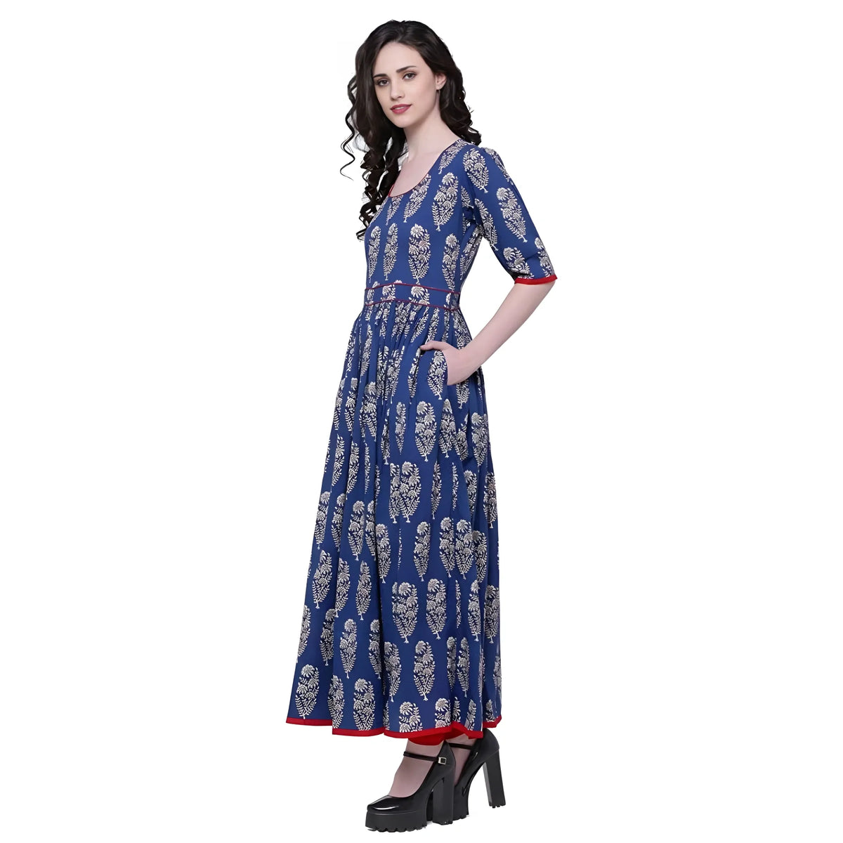 Women's Cotton Printed Anarkali Kurti (blue, Cotton) | Women Signature Collection