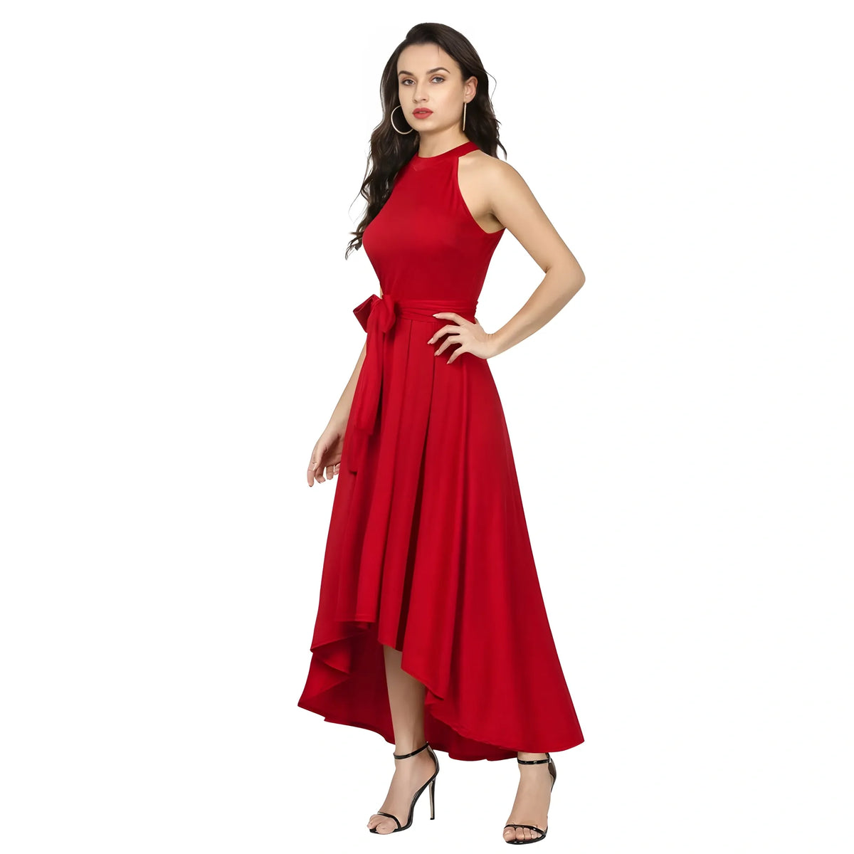 Women's Polyster Solid Halter Neck Sleeveless Dress (red) | Women Signature Collection