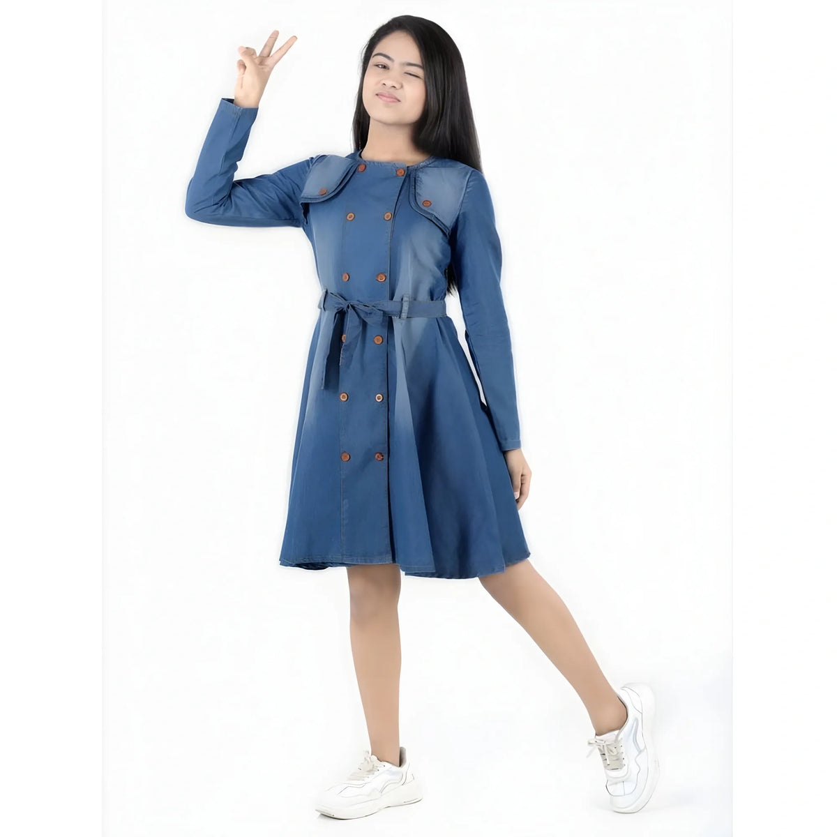 Girl's Denim Solid Long Sleeve Round Neck Dress (blue) | Kids Signature Collection