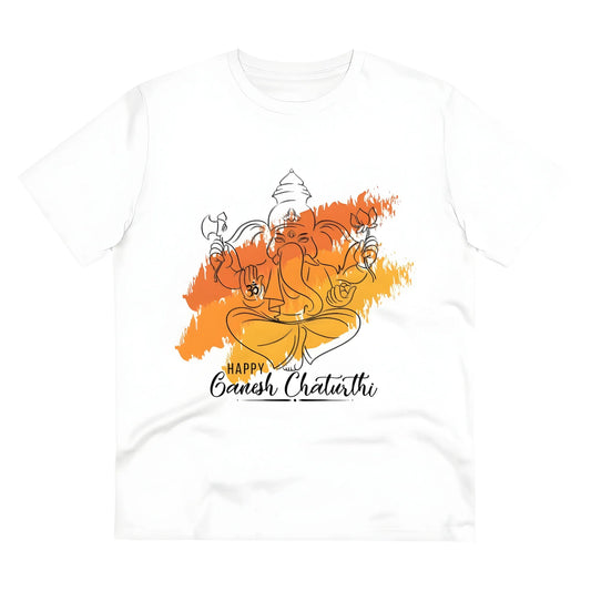 Men's PC Cotton Ganesh Printed T Shirt (Color: White, Thread Count: 180GSM)