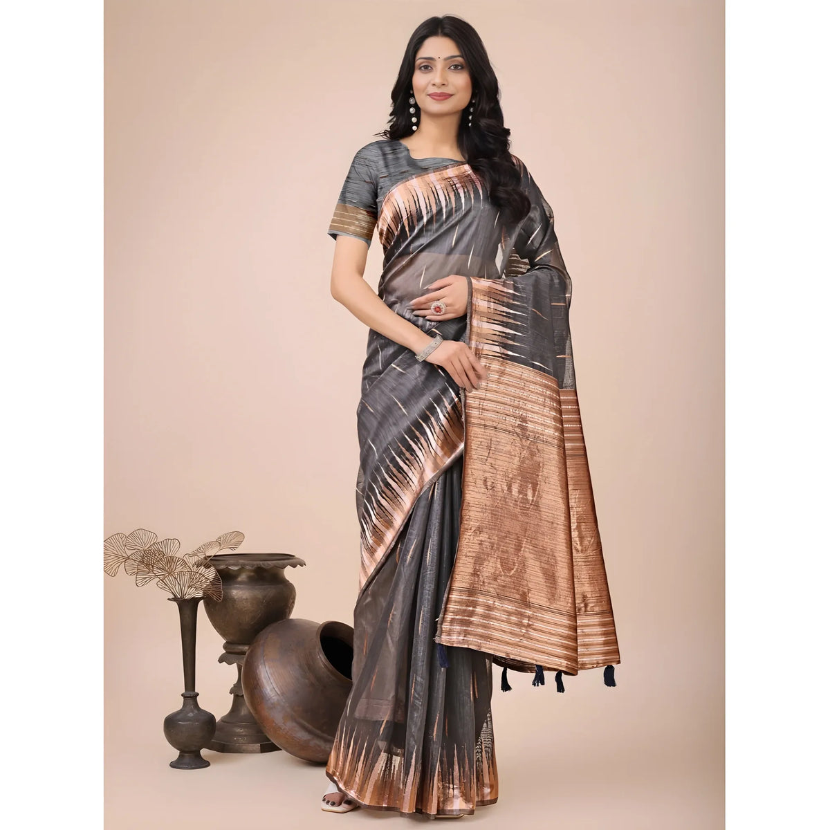 Women's Linen Cotton Printed Saree With Unstitched Blouse 5.5mtr (grey) | Women Signature Collection