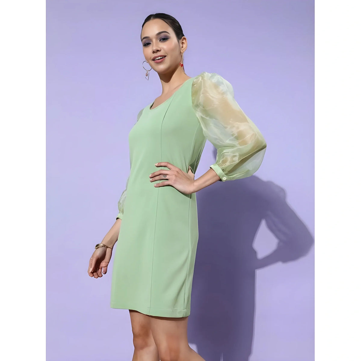 Women's Organza And Polyester Lycra Solid Long Sleeves Dress (green) | Women Signature Collection