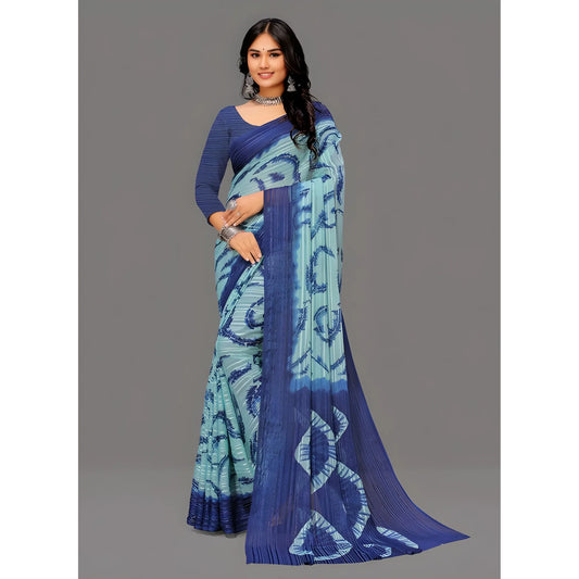 Women's Georgette Striped Printed Saree With Unstitched Blouse 5.5Mtr (Blue)