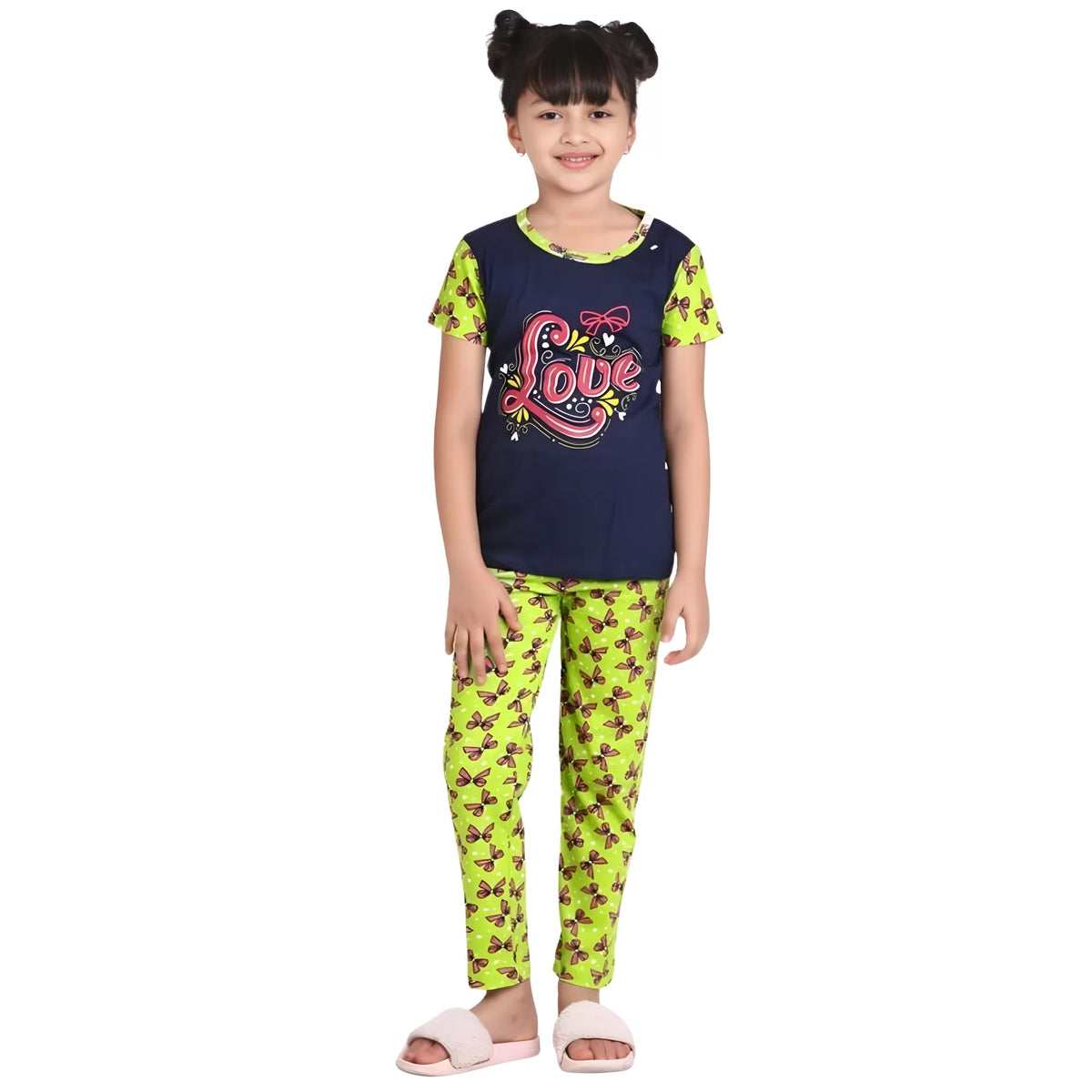 Girl's Cotton Hosiery Printed Night Suit Set (navy Green) | Kids Signature Collection