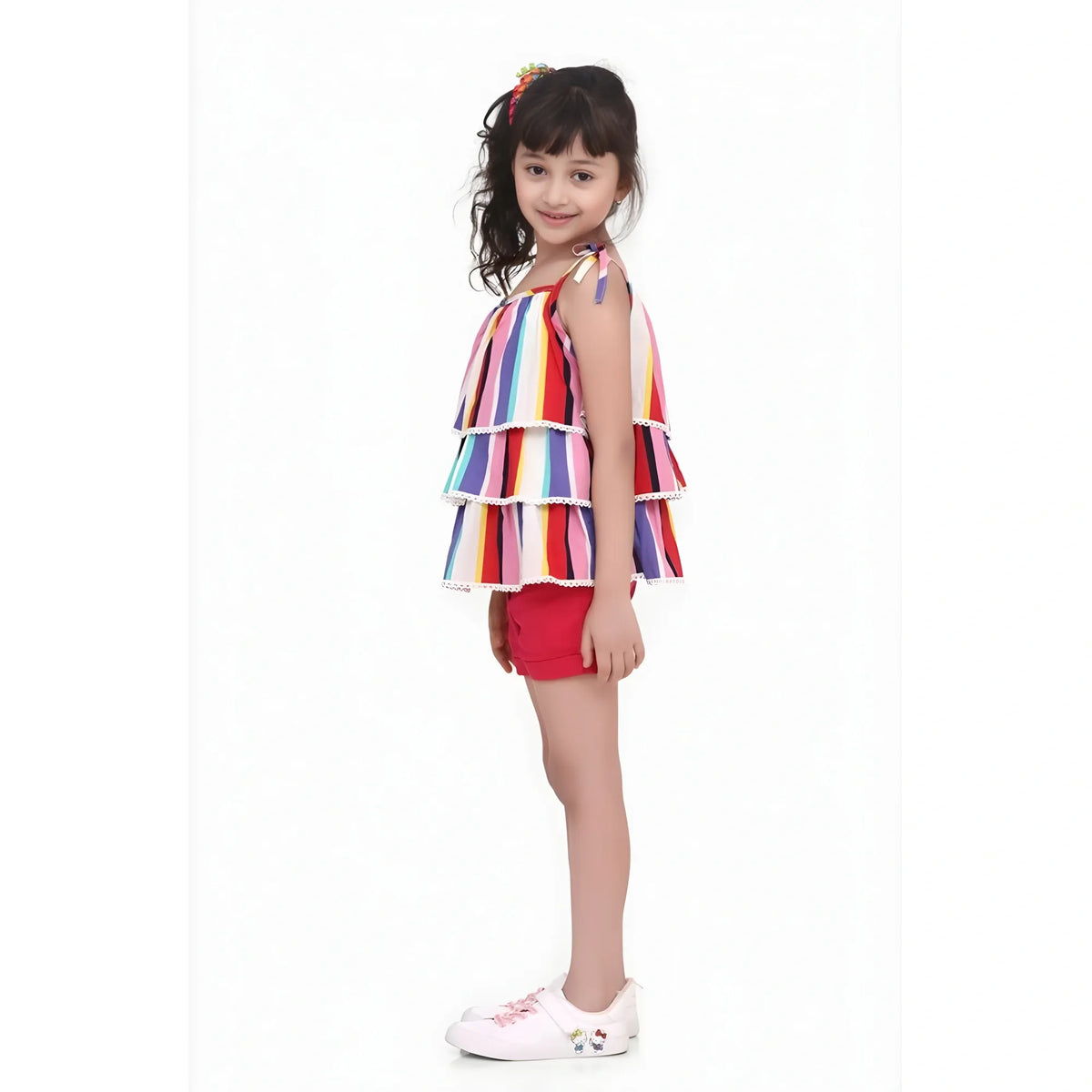 Girl's Polyester Crepe Striped Tie Ups Shorts Set (multicolor) | Kids Signature Collection