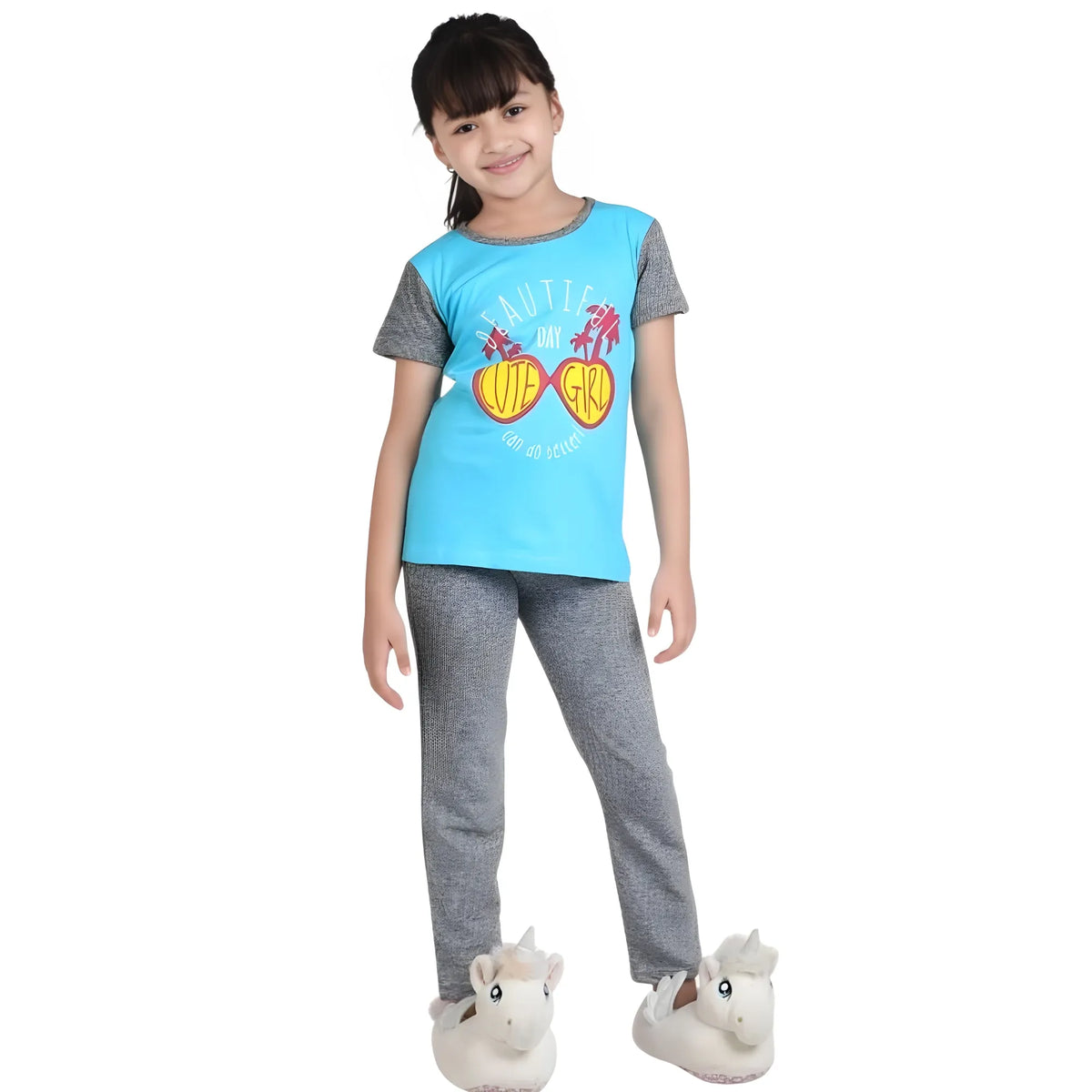 Girl's Cotton Hosiery Printed Night Suit Set (blue Grey) | Kids Signature Collection