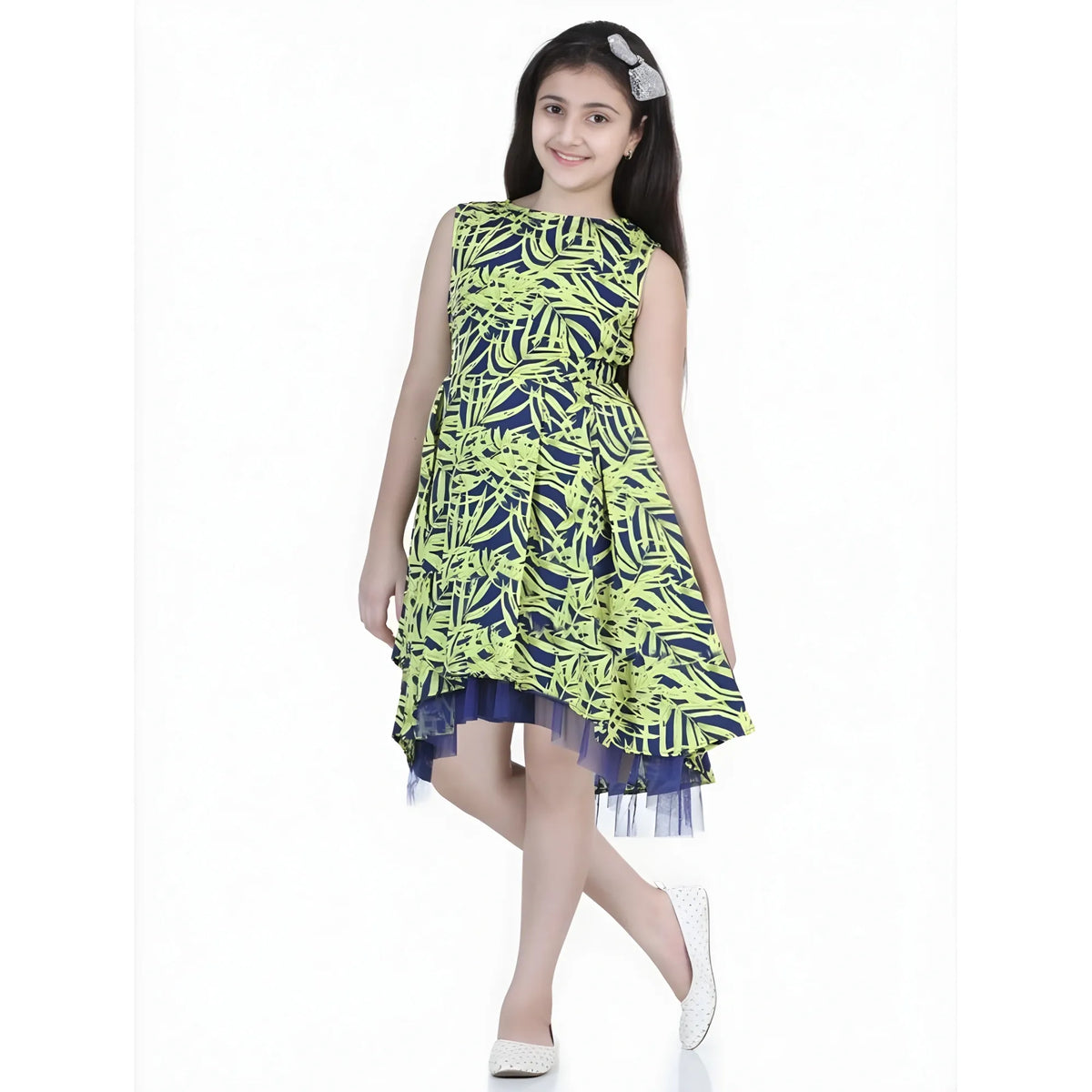 Girl's Polyester Crepe &amp; Net Printed Sleeveless Dress (yellow Blue) | Kids Signature Collection