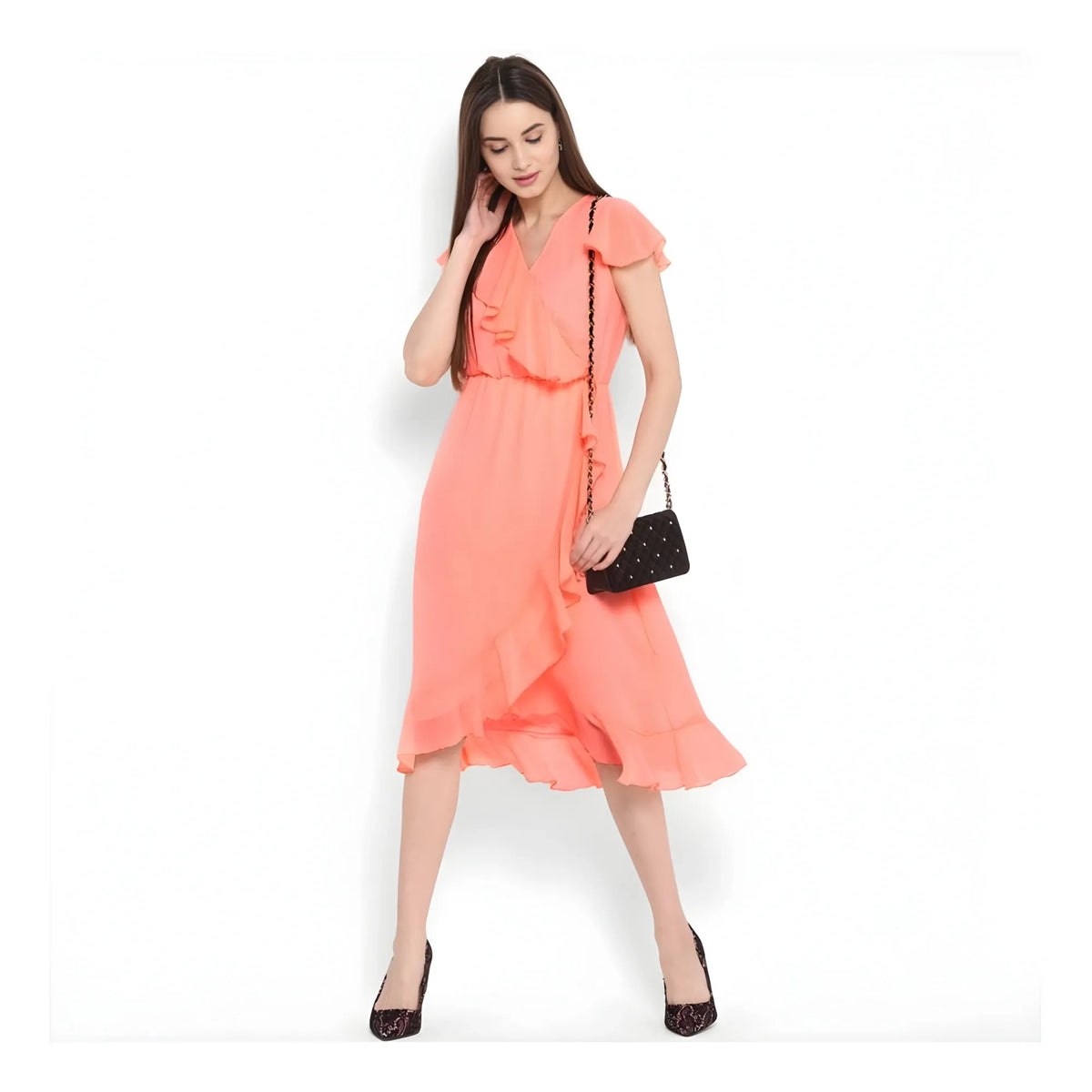 Women's Polyester Ruffled Cap Sleeve Below Knee Dress (neon Pink) | Women Signature Collection