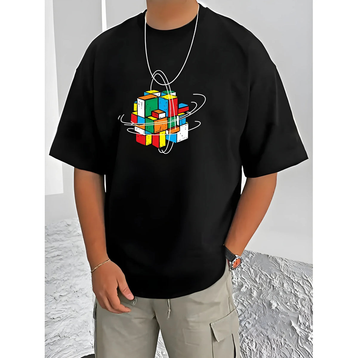 Men's Casual Cotton Blend Printed Round Neck Half Sleeve T-Shirt (Black)