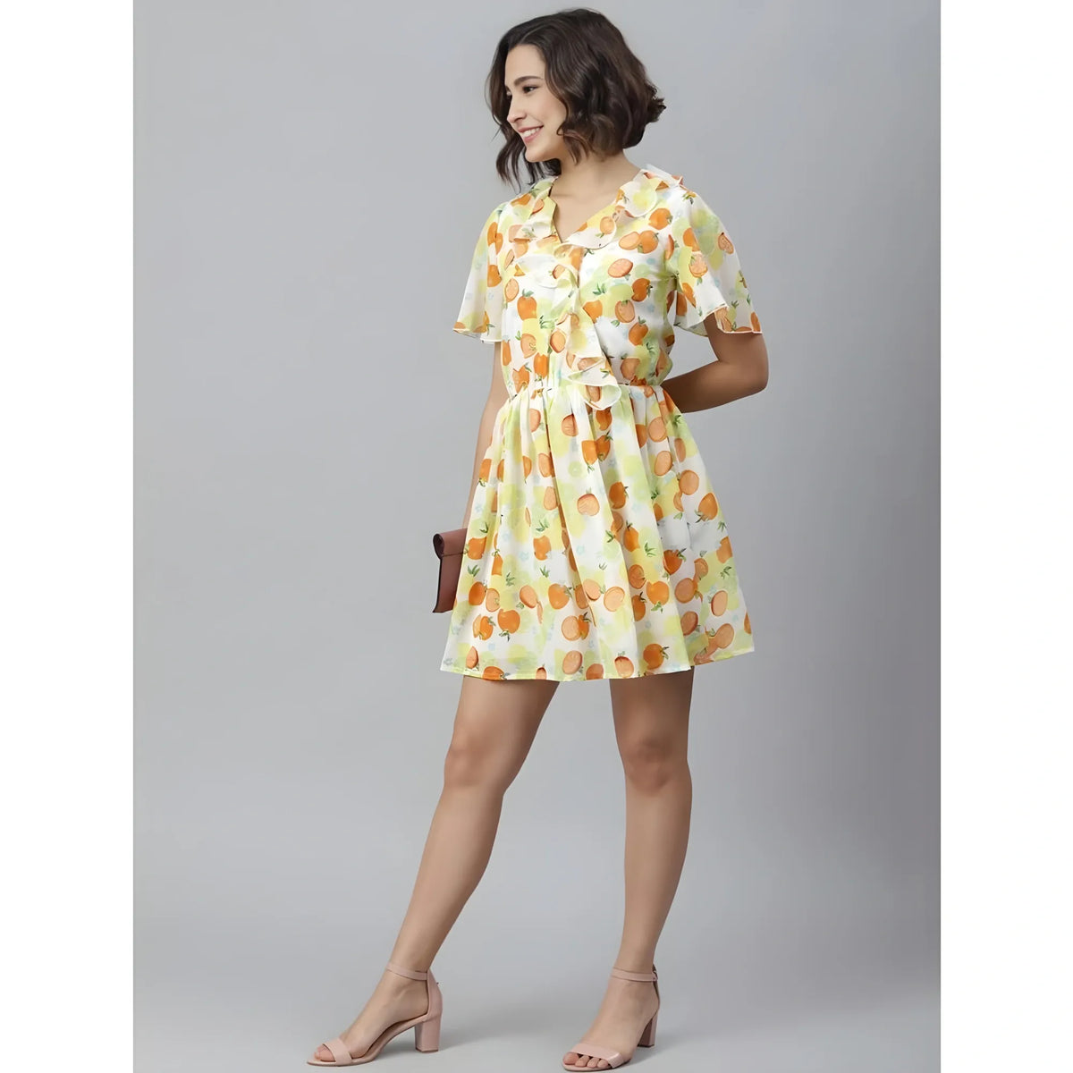 Women's Polyester Printed Flutter Above Knee Dress (yellow Orange) | Women Signature Collection
