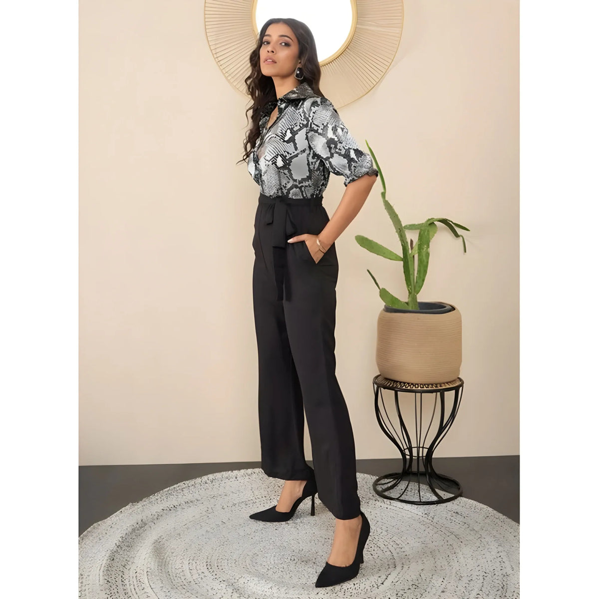 Women's Satin And Polyester Floral Half Sleeves Jumpsuit (grey Black) | Women Signature Collection
