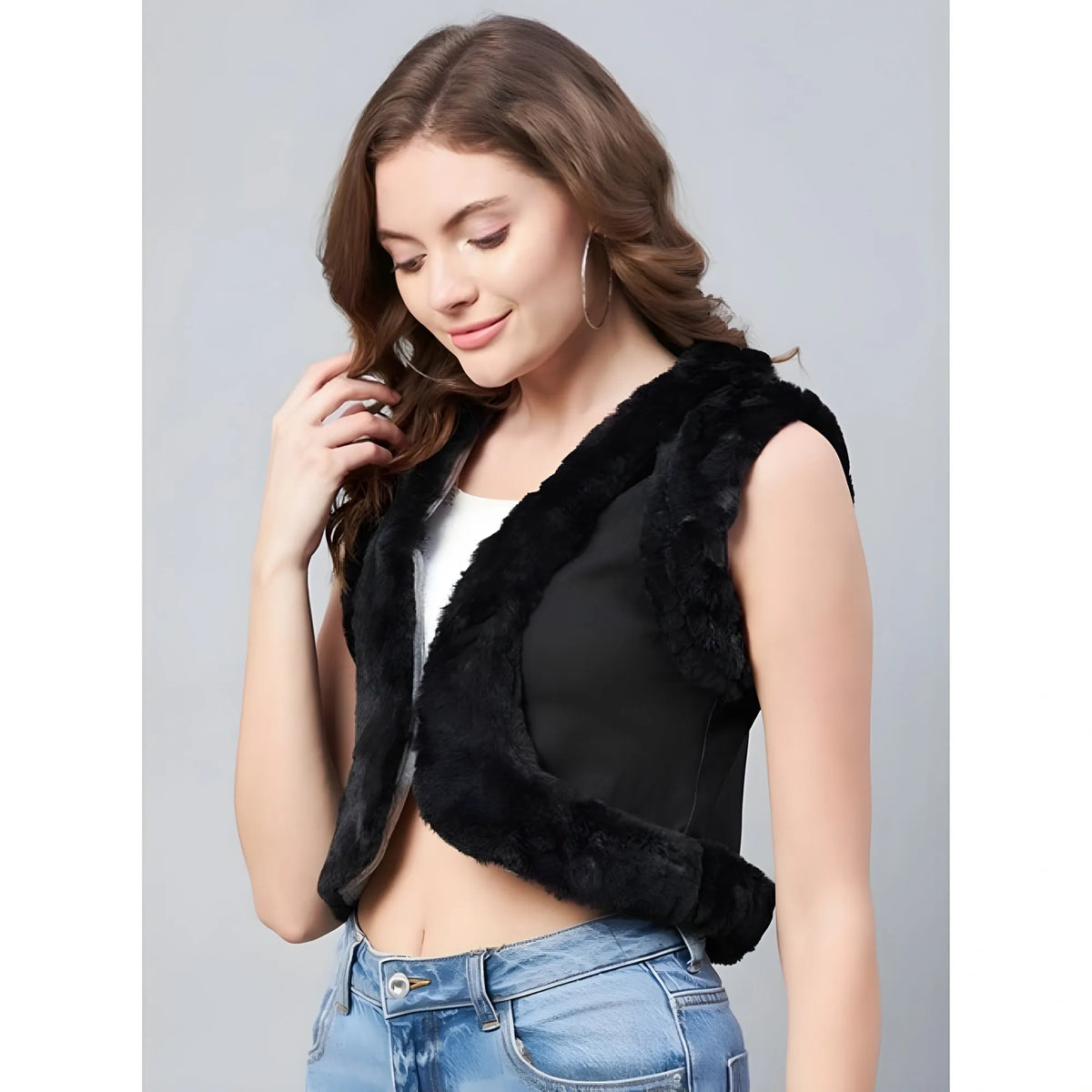 Women's Denim And Fur Solid Sleeveless Shrug (black) | Women Signature Collection