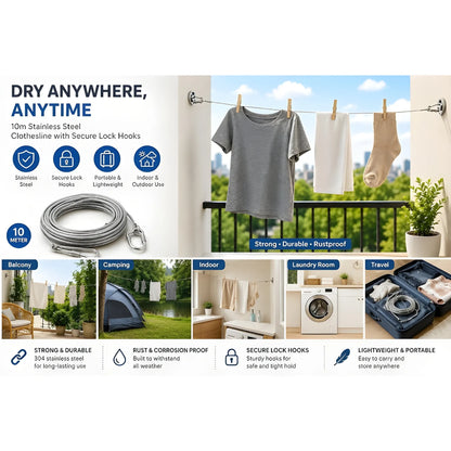 Sterling Essential Stainless Steel Clothes Drying Rope With Hooks 10 Meter