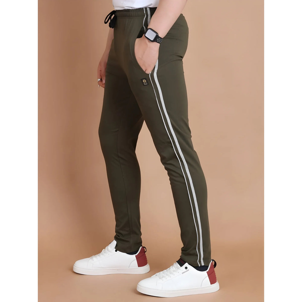 Men's Casual Cotton Striped Full Length Track Pant (olive) | Men Signature Collection