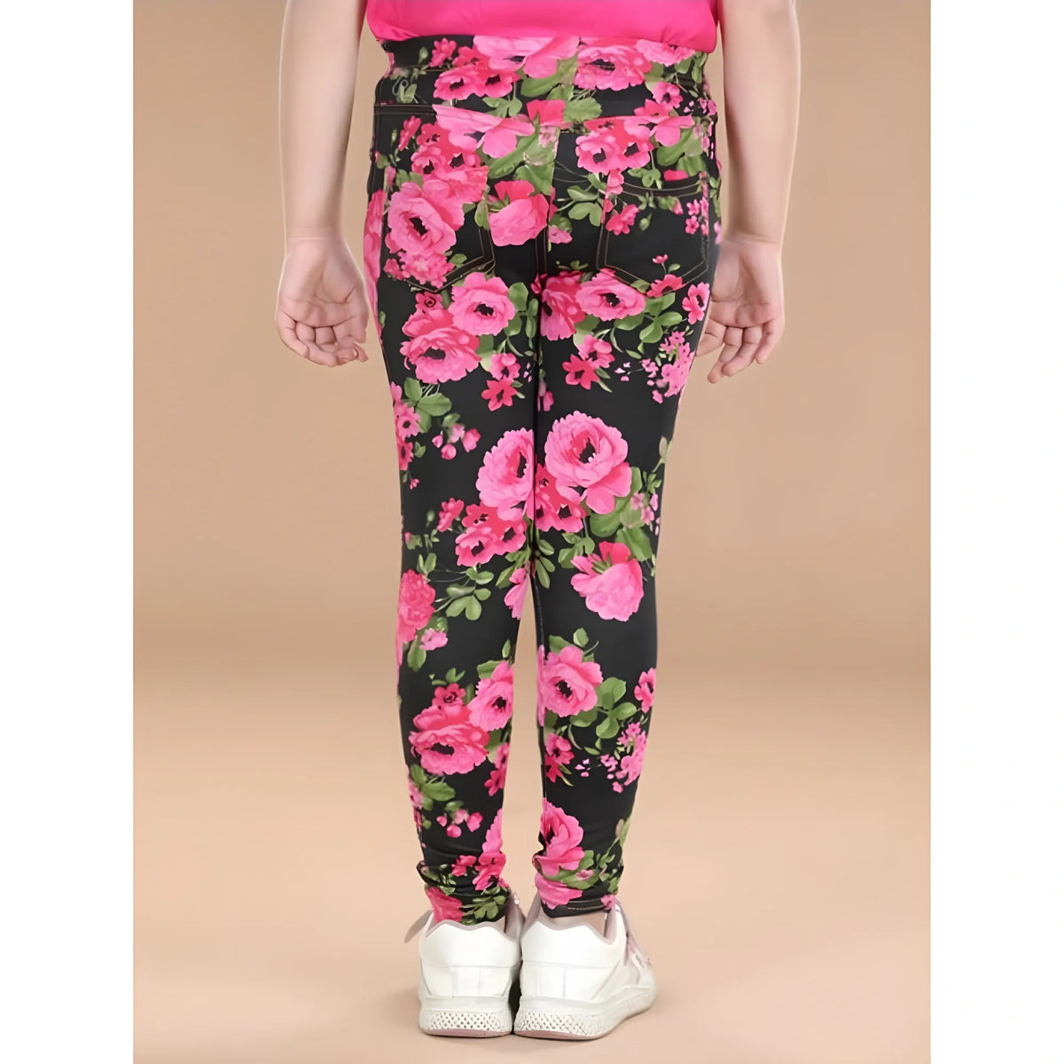 Girl's Cotton Lycra Floral Elasticated Jeggings (Black-Pink)
