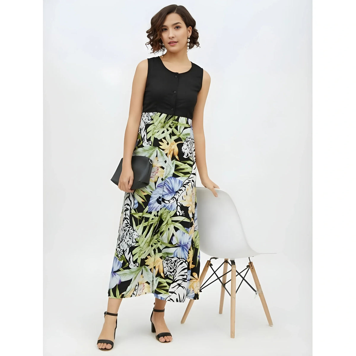 Women's Rayon Floral Sleeveless Calf Length Dress (multicolor) | Women Signature Collection