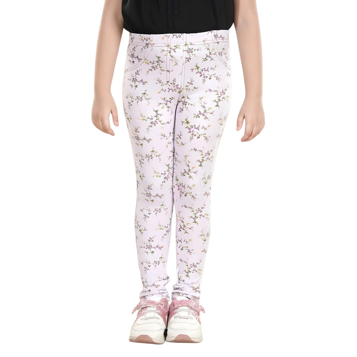 Girl's Cotton Lycra Floral Elasticated Jeggings (Multicolor)