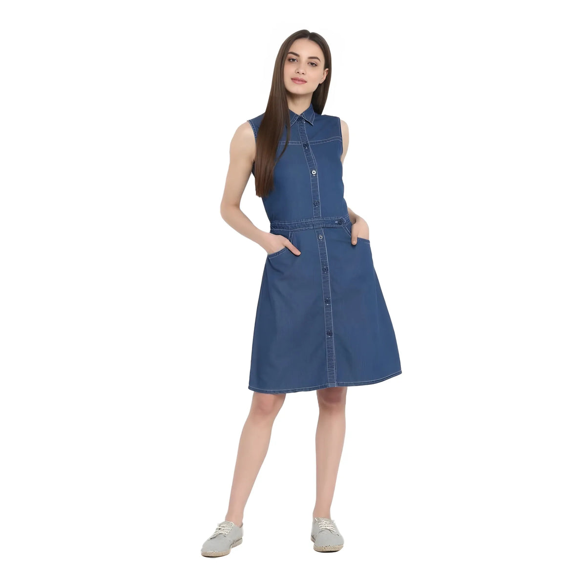 Women's Denim Solid Sleeveless Above Knee Dress (blue) | Women Signature Collection