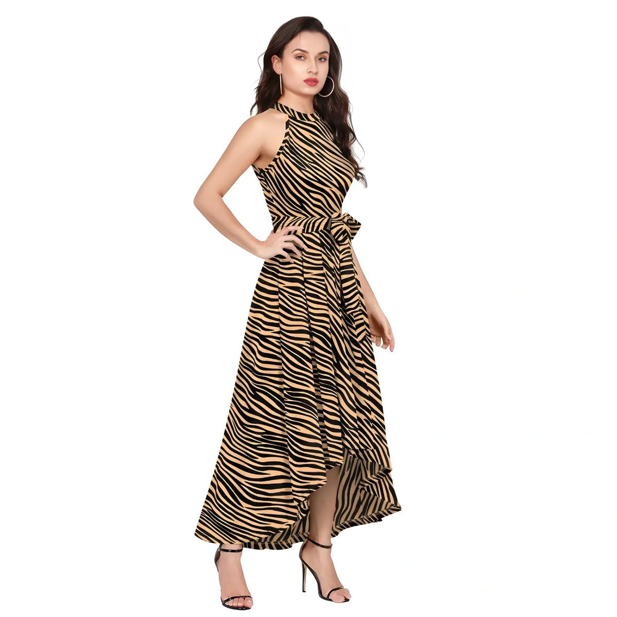 Women's Polyester Zebra Pattern Halter Neck Sleeveless Dress (yellow) | Women Signature Collection