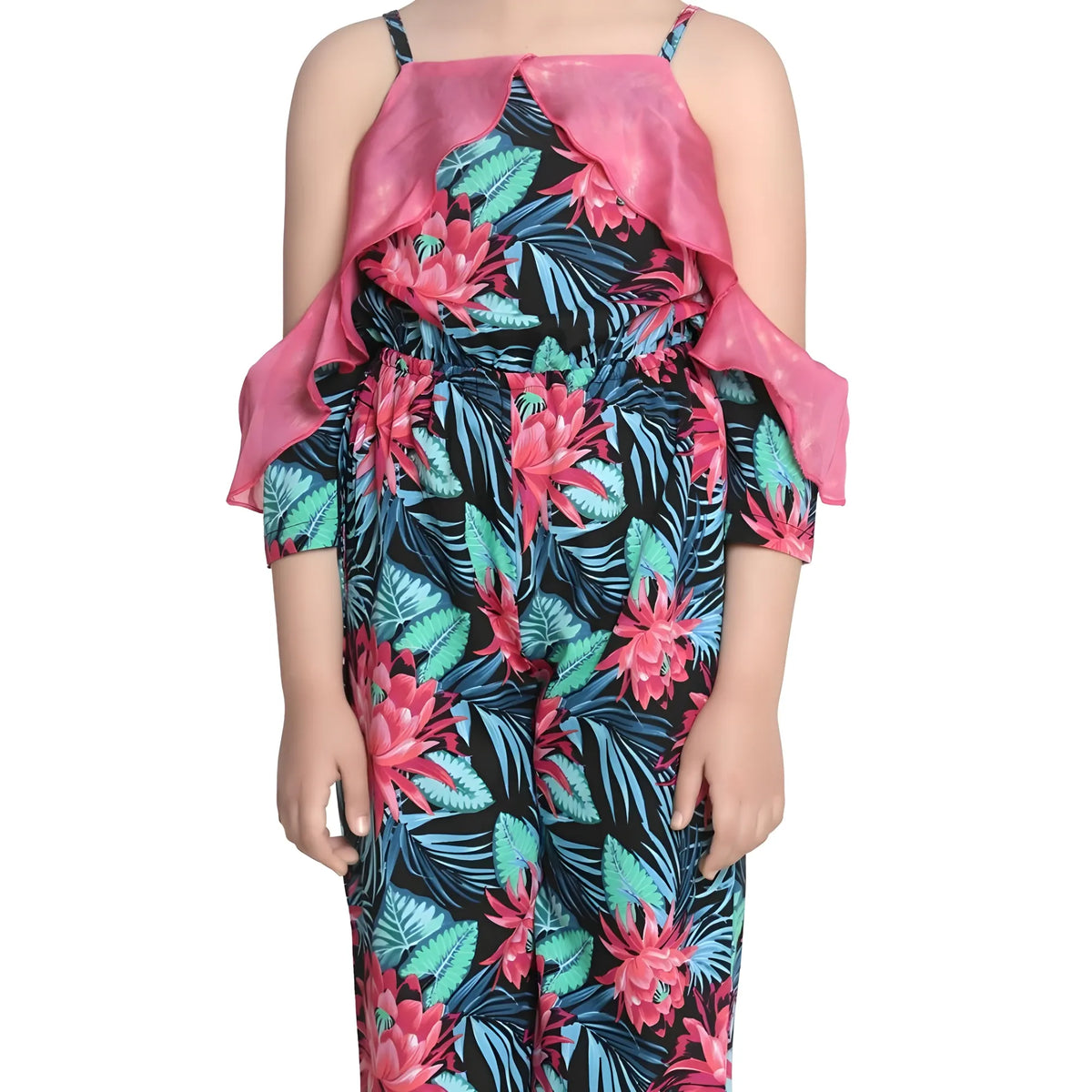 Girl's Polyester Floral Cold Shoulder Jumpsuit (pink) | Kids Signature Collection