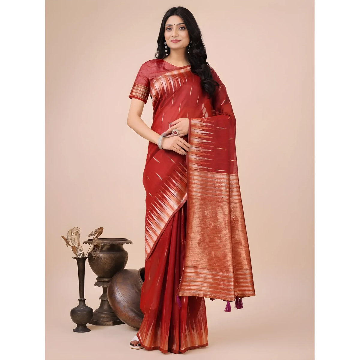 Women's Linen Cotton Printed Saree With Unstitched Blouse 5.5mtr (red) | Women Signature Collection