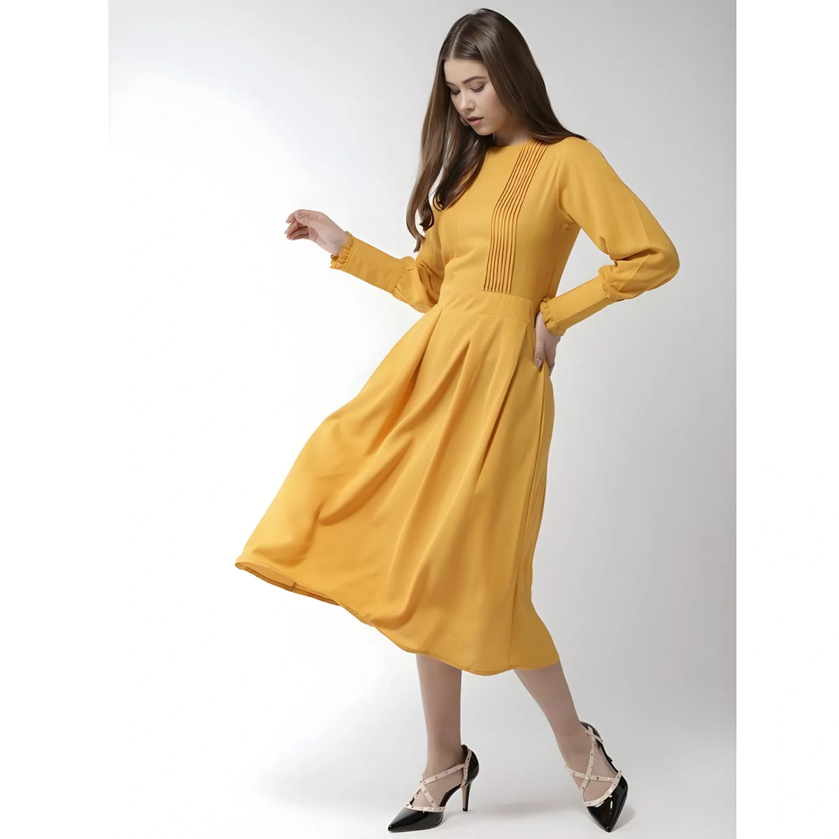 Women's Polyester Pintuck Long Sleeves Below Knee Dress (yellow) | Women Signature Collection