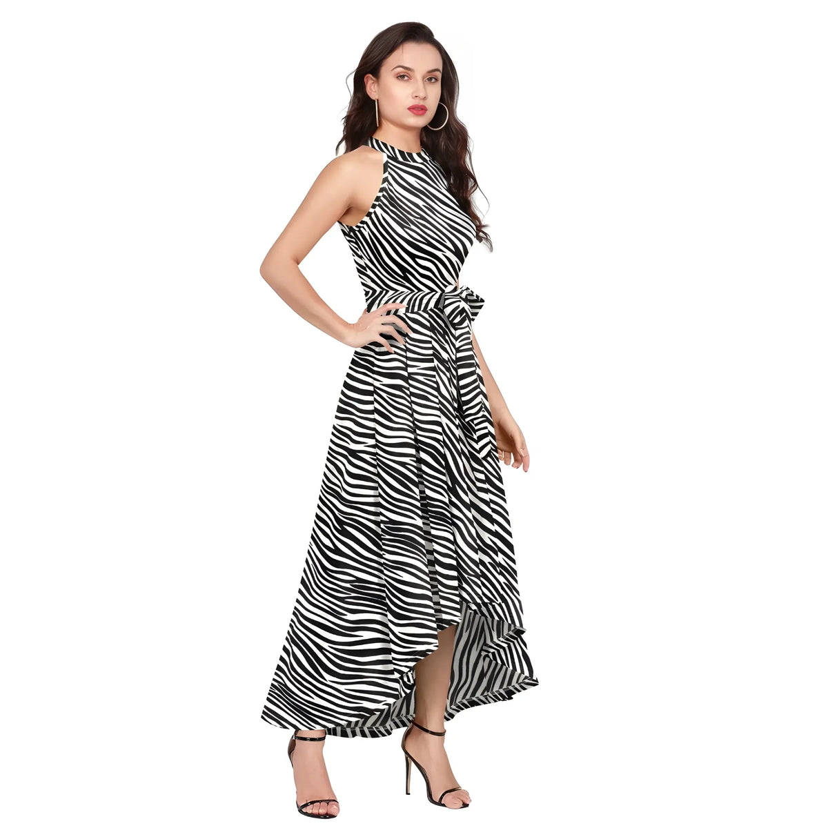 Women's Polyester Zebra Pattern Halter Neck Sleeveless Dress (white) | Women Signature Collection