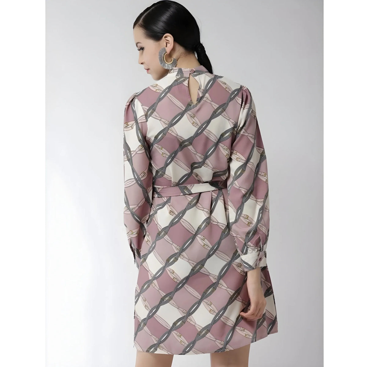 Women's Polyester Checkered Long Sleeves Above Knee Dress (off White Lavender) | Women Signature Collection