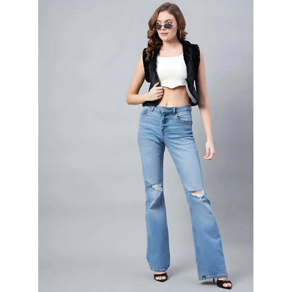 Women's Denim And Fur Solid Sleeveless Shrug (black) | Women Signature Collection