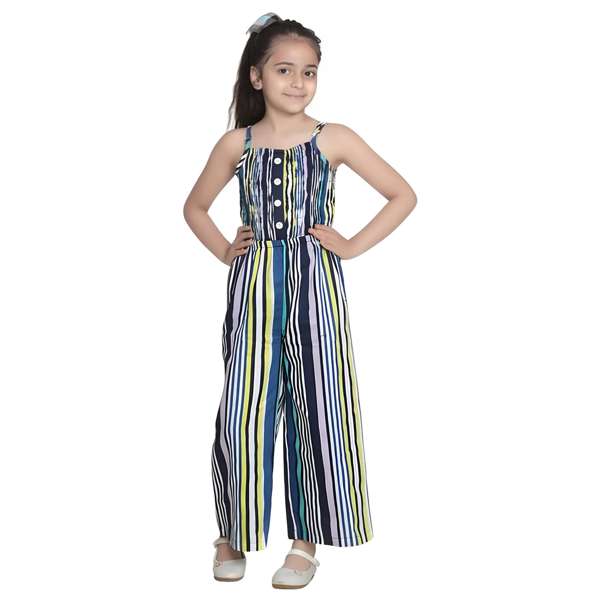 Girl's Rayon Striped Sleeveless Jumpsuit (blue) | Kids Signature Collection