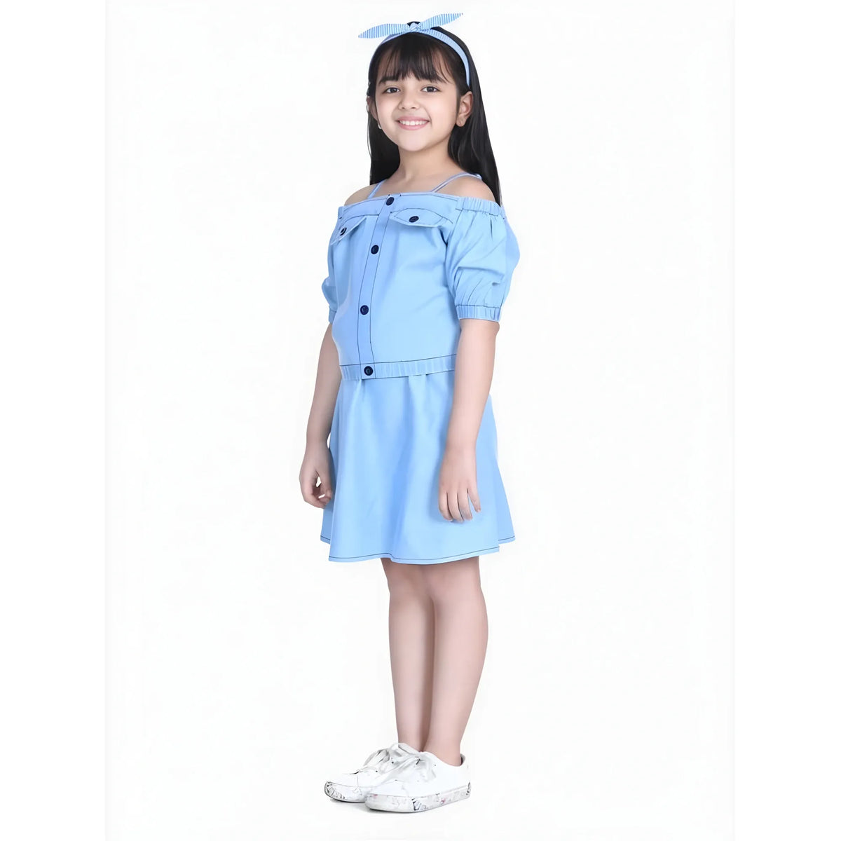 Girl's Denim Solid Cold Shoulder Top And Skirt Set (light Blue) | Kids Signature Collection