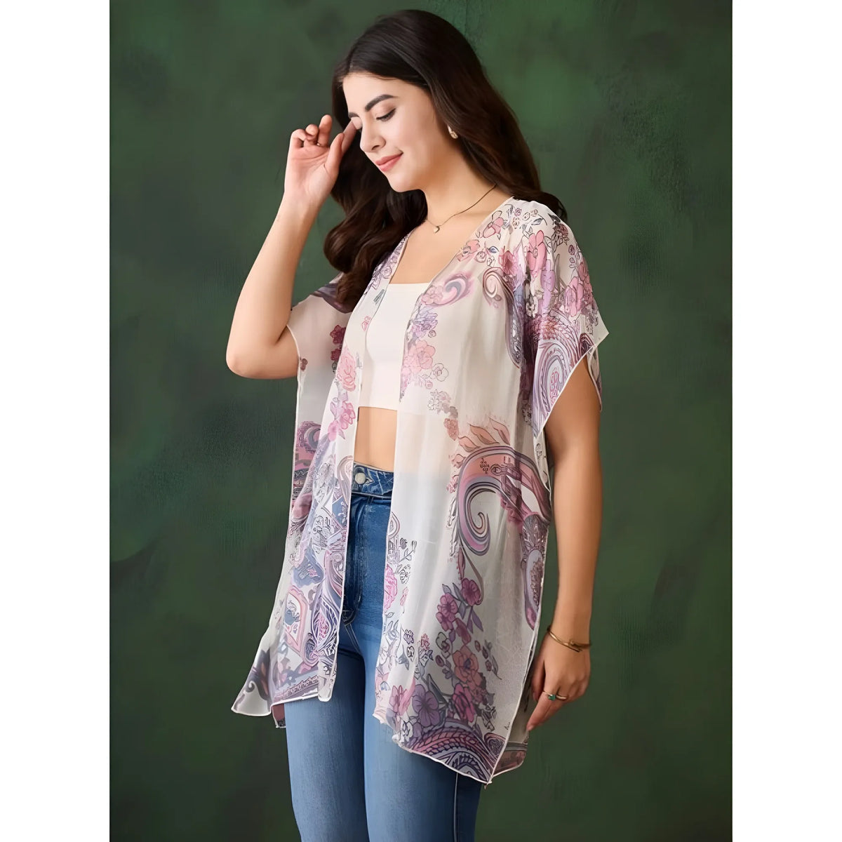 Women's Chiffon Printed Short Sleeves Shrug (white Purple) | Women Signature Collection