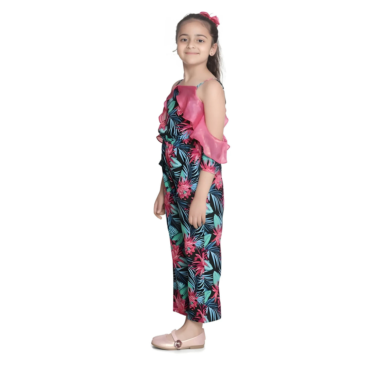 Girl's Polyester Floral Cold Shoulder Jumpsuit (pink) | Kids Signature Collection