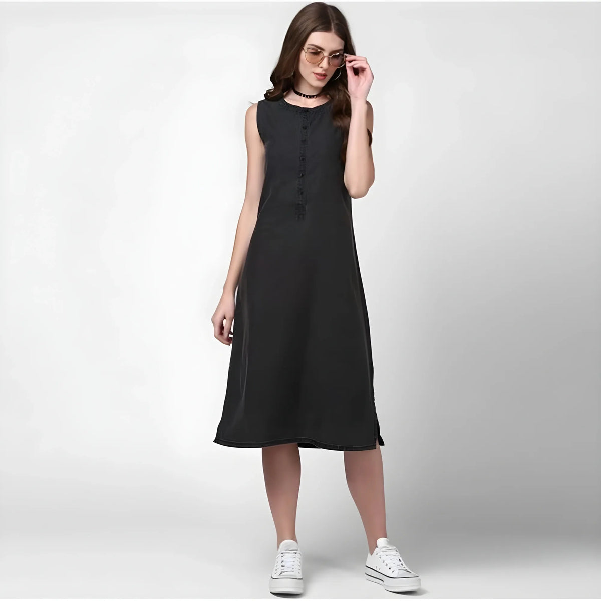 Women's Denim Solid Sleeveless Dress (black) | Women Signature Collection