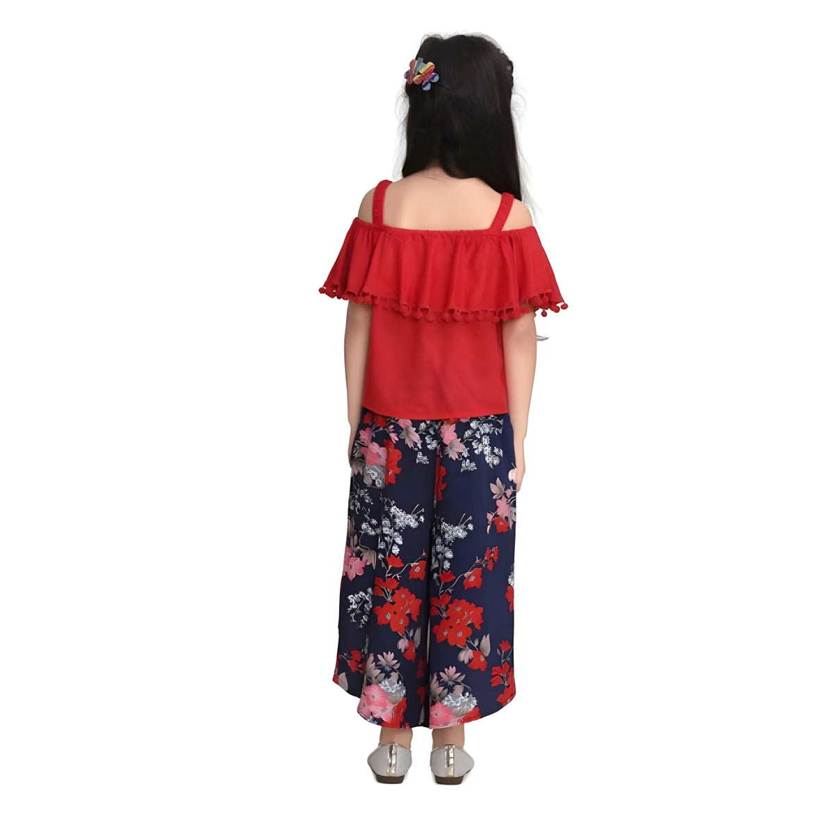 Girl's Rayon Crepe Printed Cold Shoulder Top And Pants Set (red Navy) | Kids Signature Collection