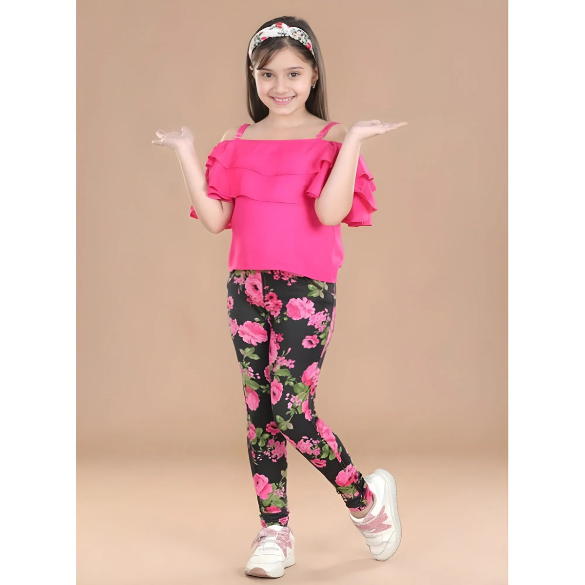 Girl's Cotton Lycra Floral Elasticated Jeggings (Black-Pink)