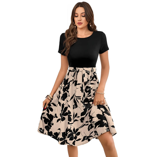 Women's Knitting Printed Round Neck Short Sleeve Dress (Cream)