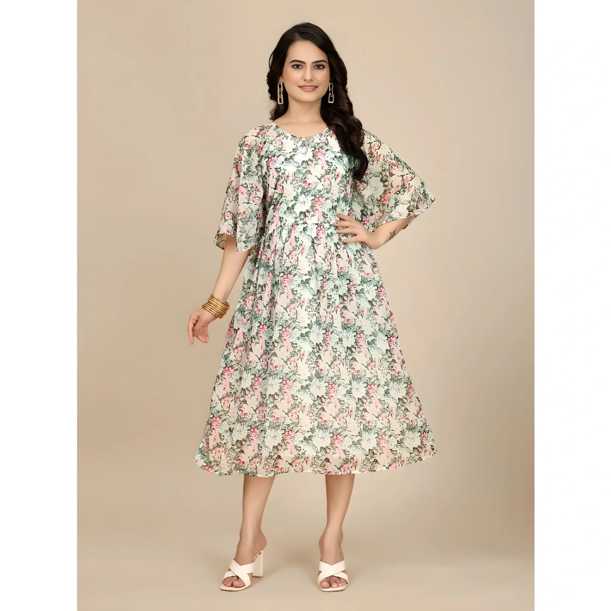 Women's Georgette Printed Round Neck Short Sleeve Dress (pink) | Women Signature Collection