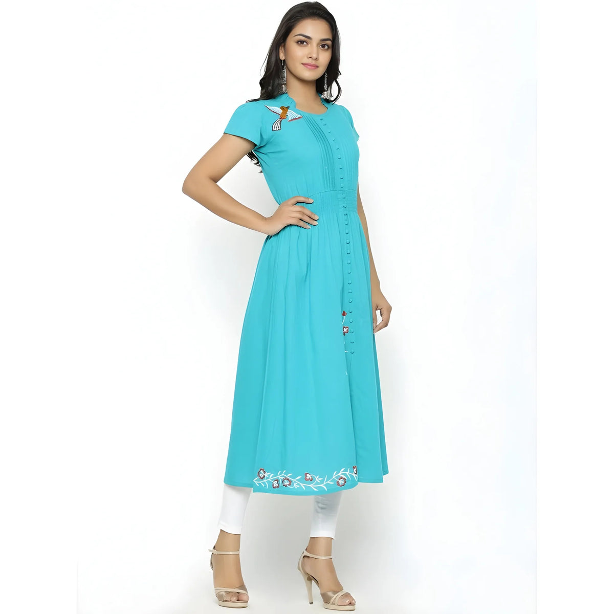 Women's Casual Short Sleeve Embroidery Cotton Slub Kurti (torque Green) | Women Signature Collection