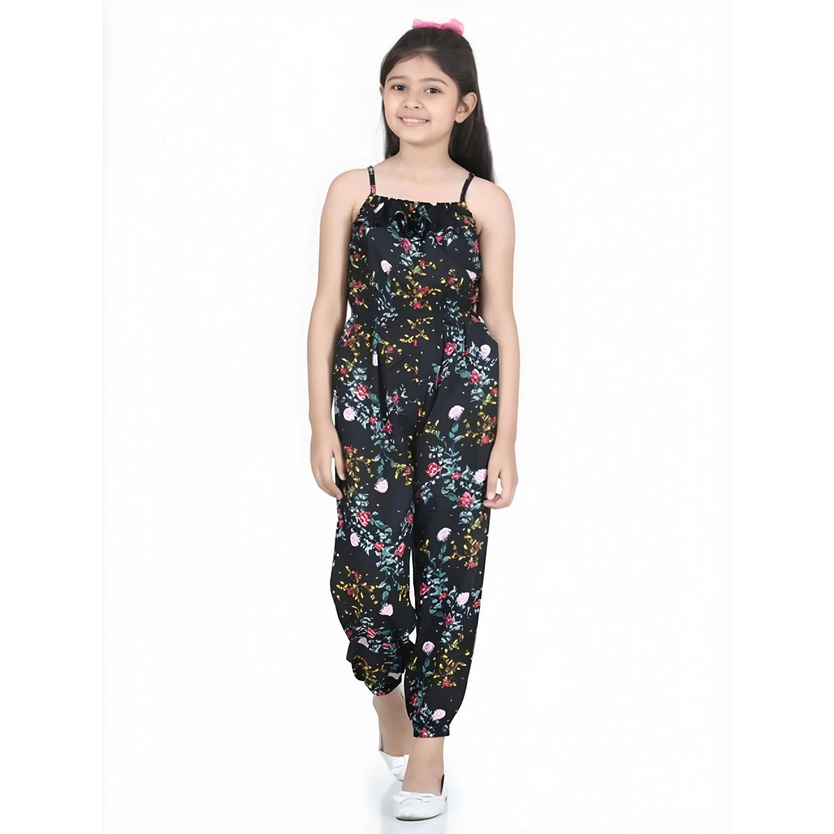 Girl's Rayon Flamingo Print Sleeveless Jumpsuit (black Multicolor) | Kids Signature Collection