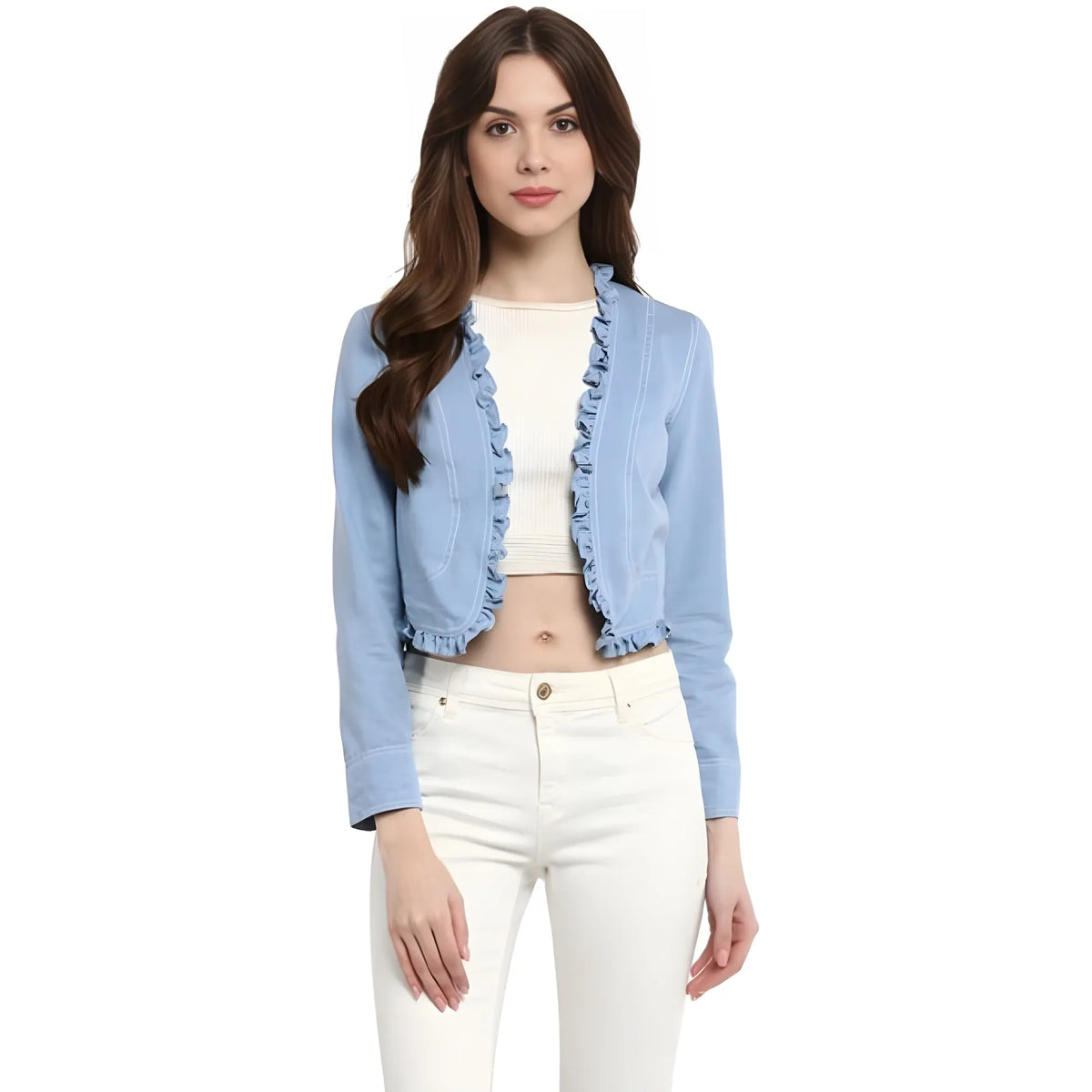 Women's Denim Ruffled Long Sleeves Shrug (blue) | Women Signature Collection