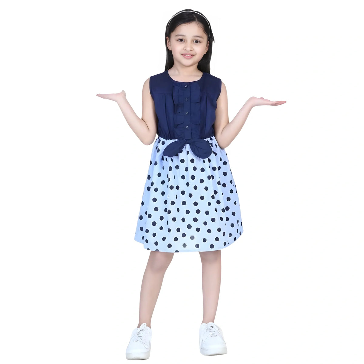 Girl's Denim Polka Sleeveless Dress (blue) | Kids Signature Collection