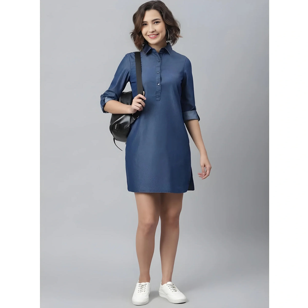 Women's Denim Solid Long Sleeves Above Knee Dress (navy Blue) | Women Signature Collection