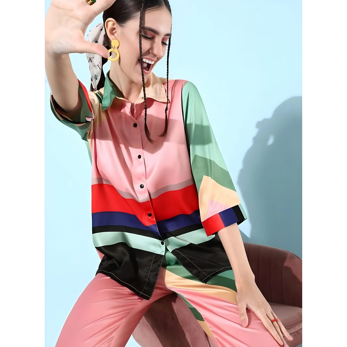 Women's Satin Colour Block Long Sleeves Co Ord Set (multicolor) | Women Signature Collection