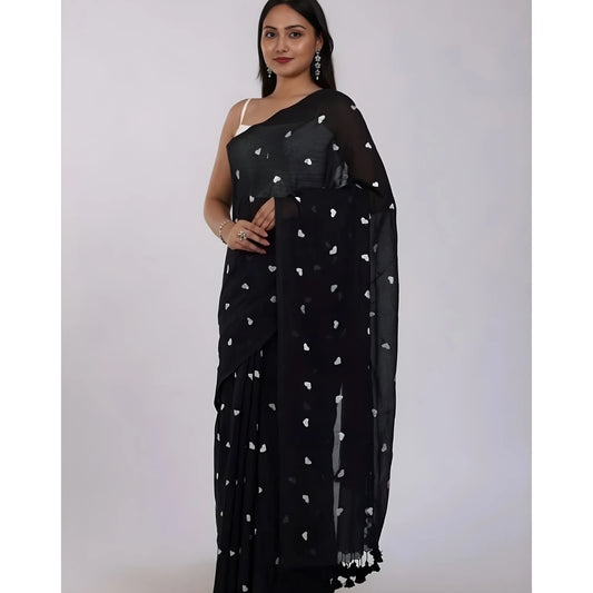Women's Linen Printed Saree With Unstitched Blouse 5.5Mtr (Black)