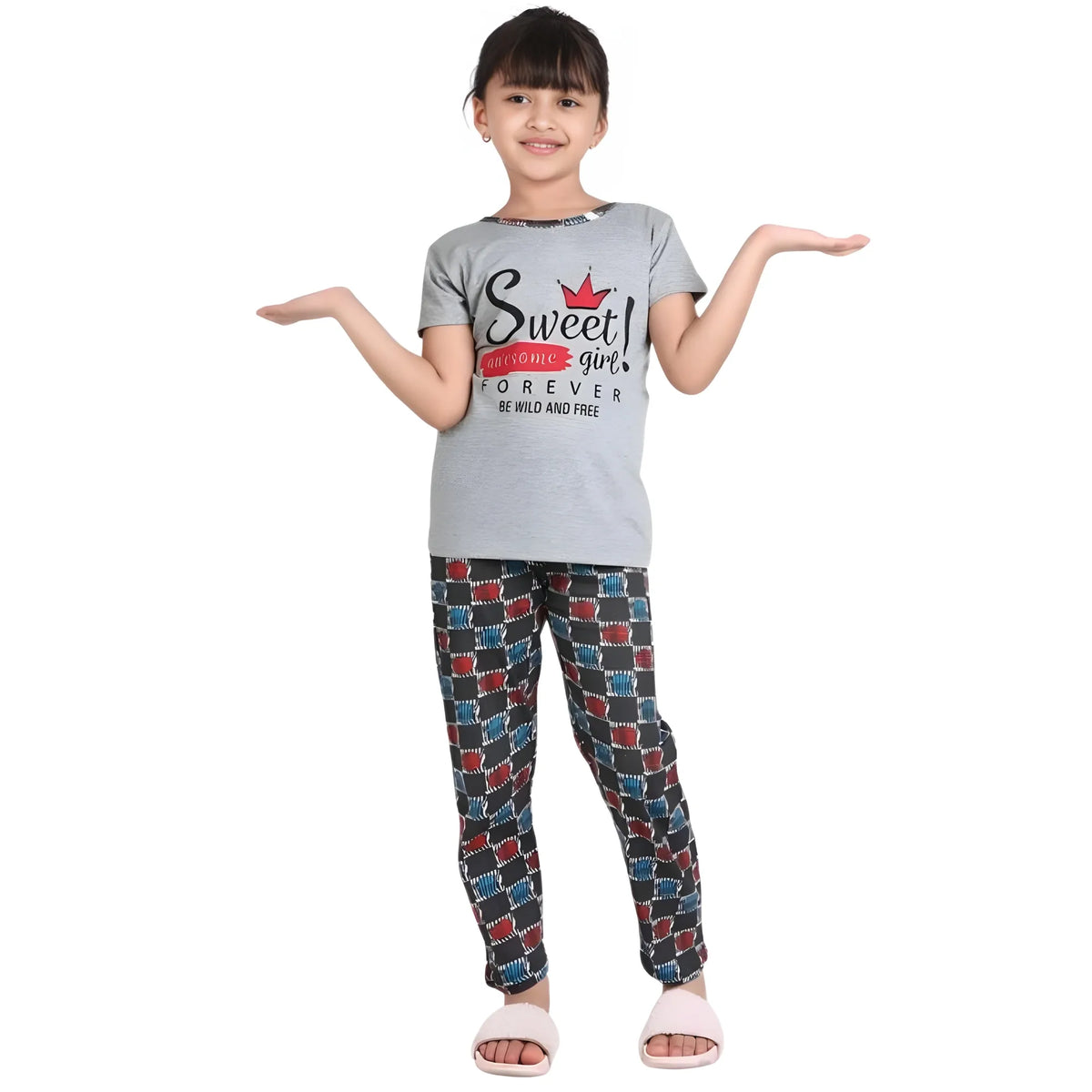 Girl's Cotton Hosiery Printed Night Suit Set (grey Red) | Kids Signature Collection