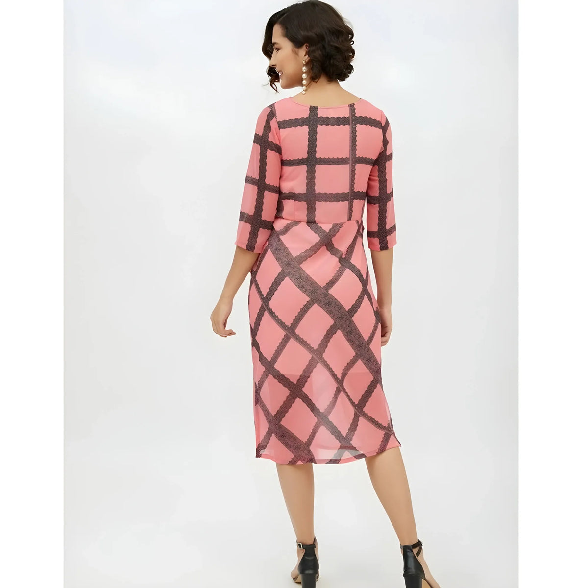 Women's Polyester Checkered 3 4th Sleeves Below Knee Dress (pink) | Women Signature Collection