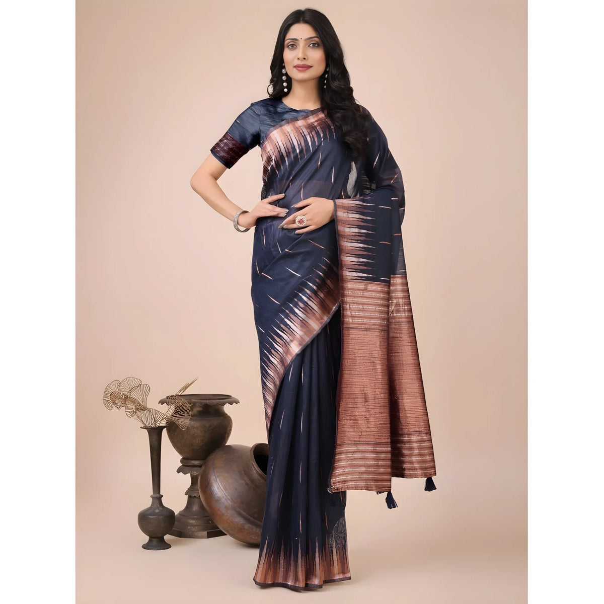 Women's Linen Cotton Printed Saree With Unstitched Blouse 5.5mtr (navy Blue) | Women Signature Collection